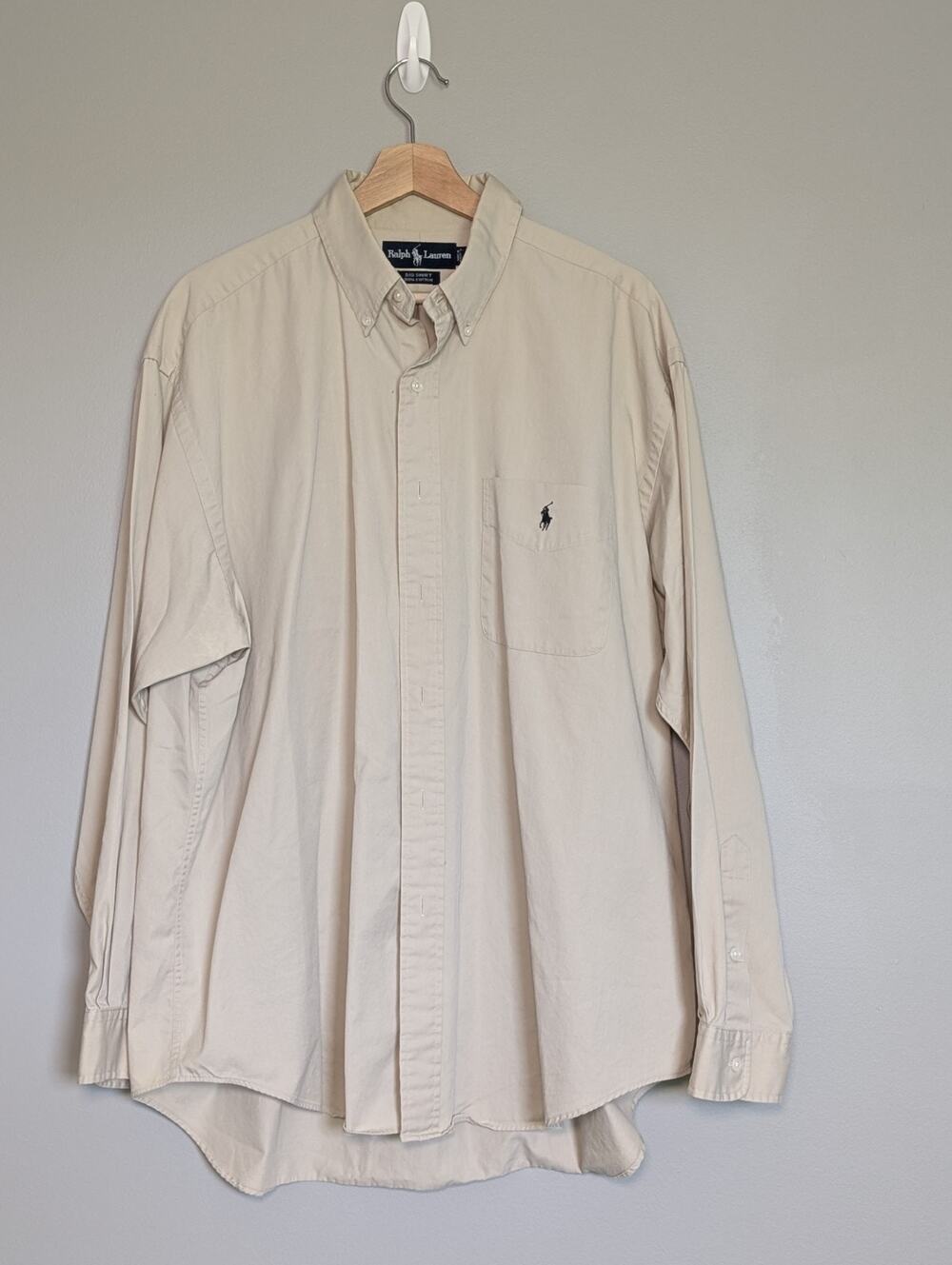 Polo Ralph Lauren Big Shirt L Vintage Made In USA Beige Button Down Long Sleeve